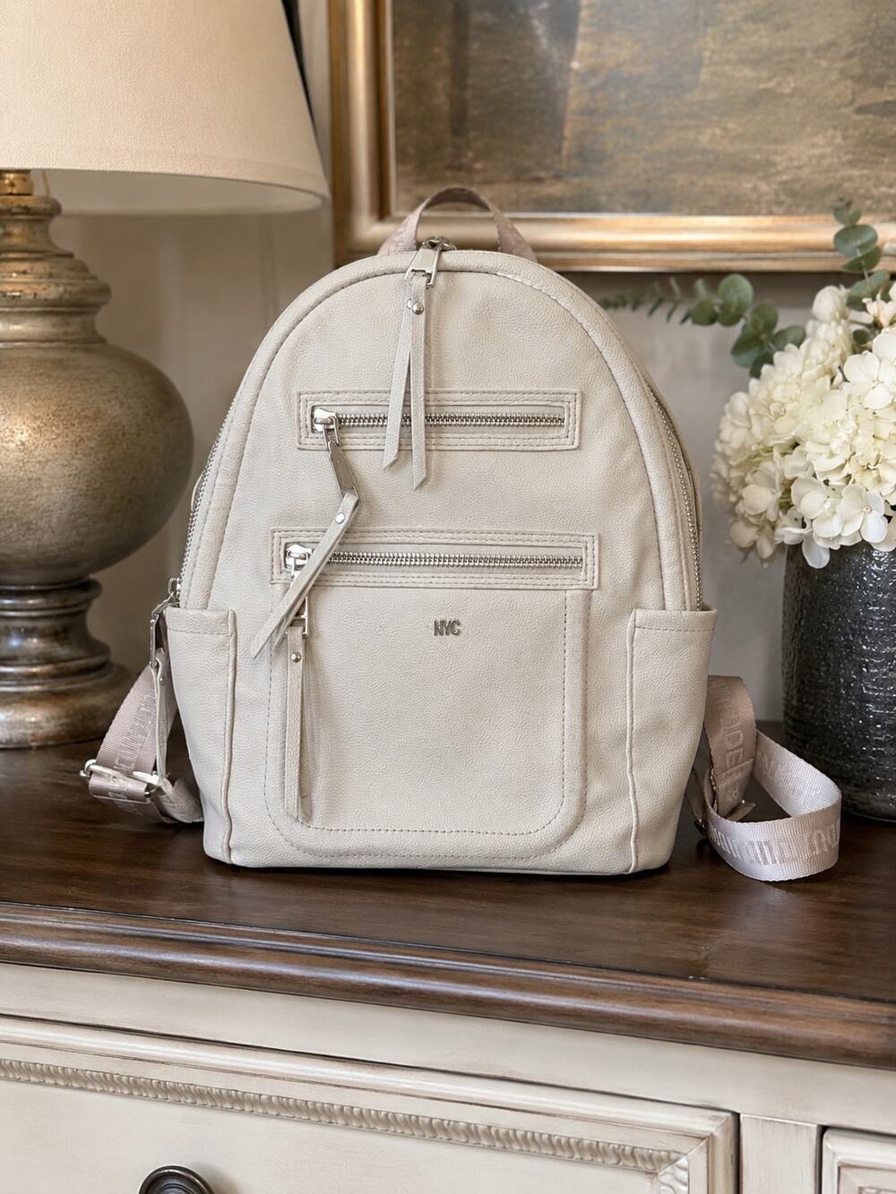 Mondani New York Cream Faux Leather Backpack Purse Multiple Pockets